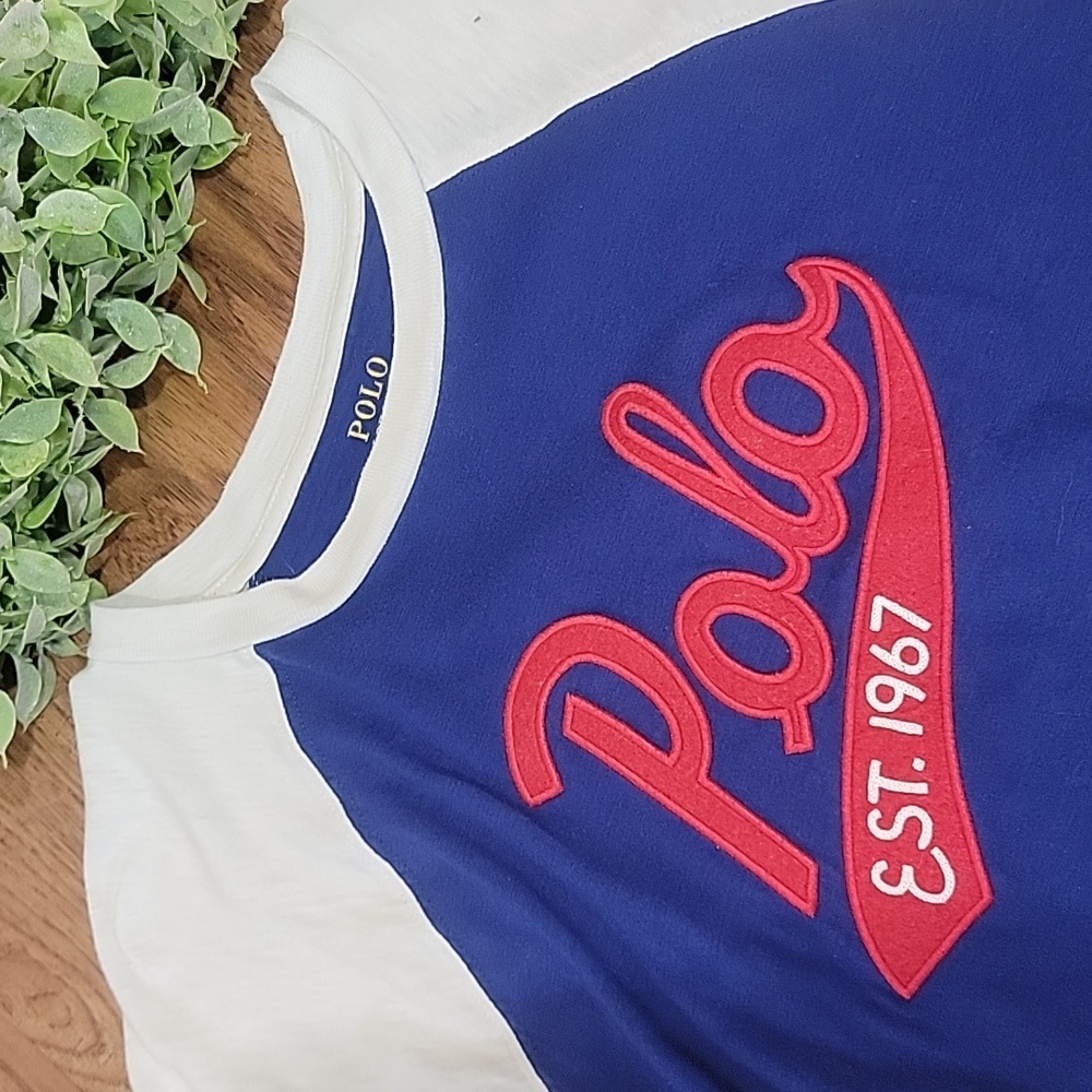 Polo by Ralph Lauren Blue White Raglan Tee with Red Script Logo